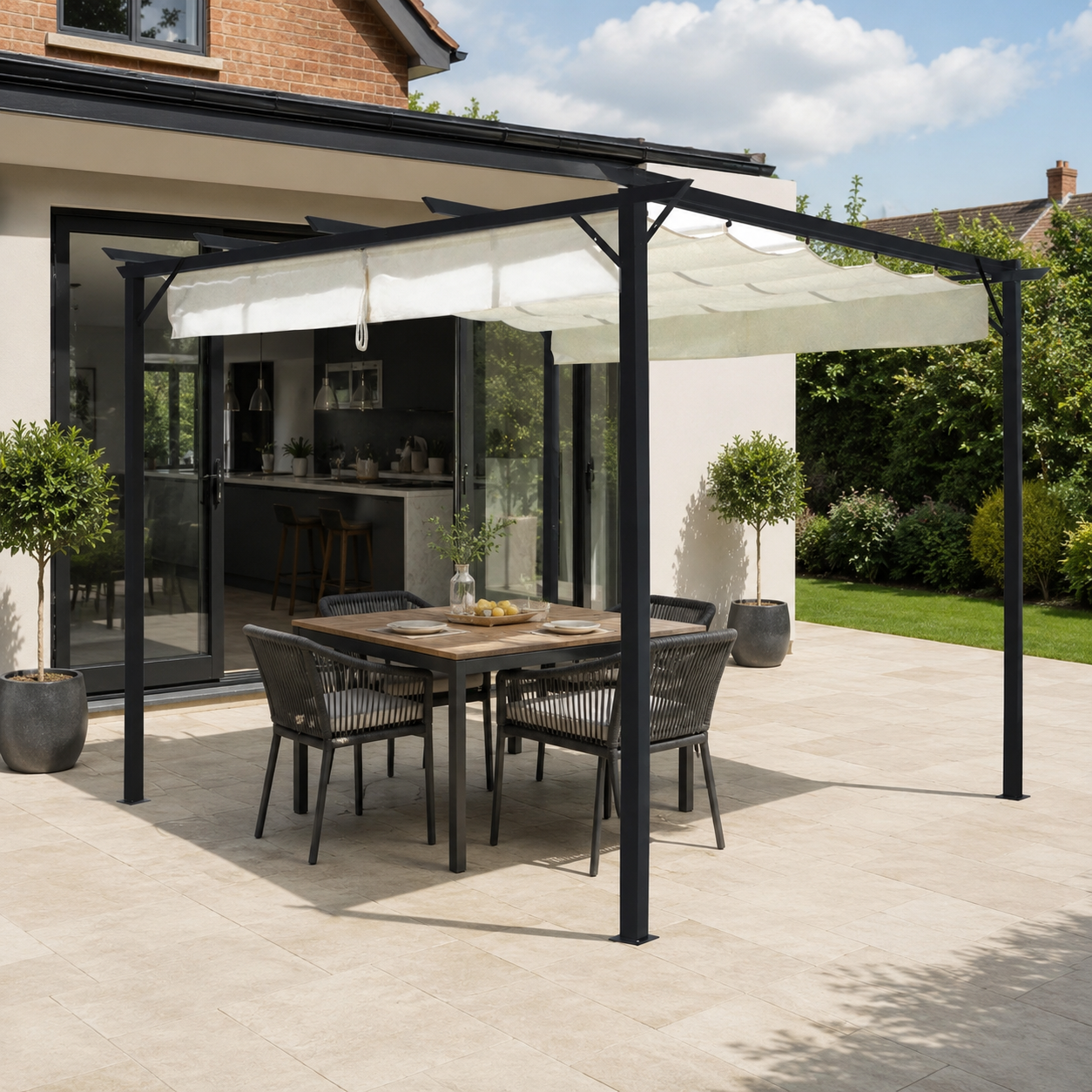 9ft Square Pergola with Outdoor Horizontal Pulling White Canopy