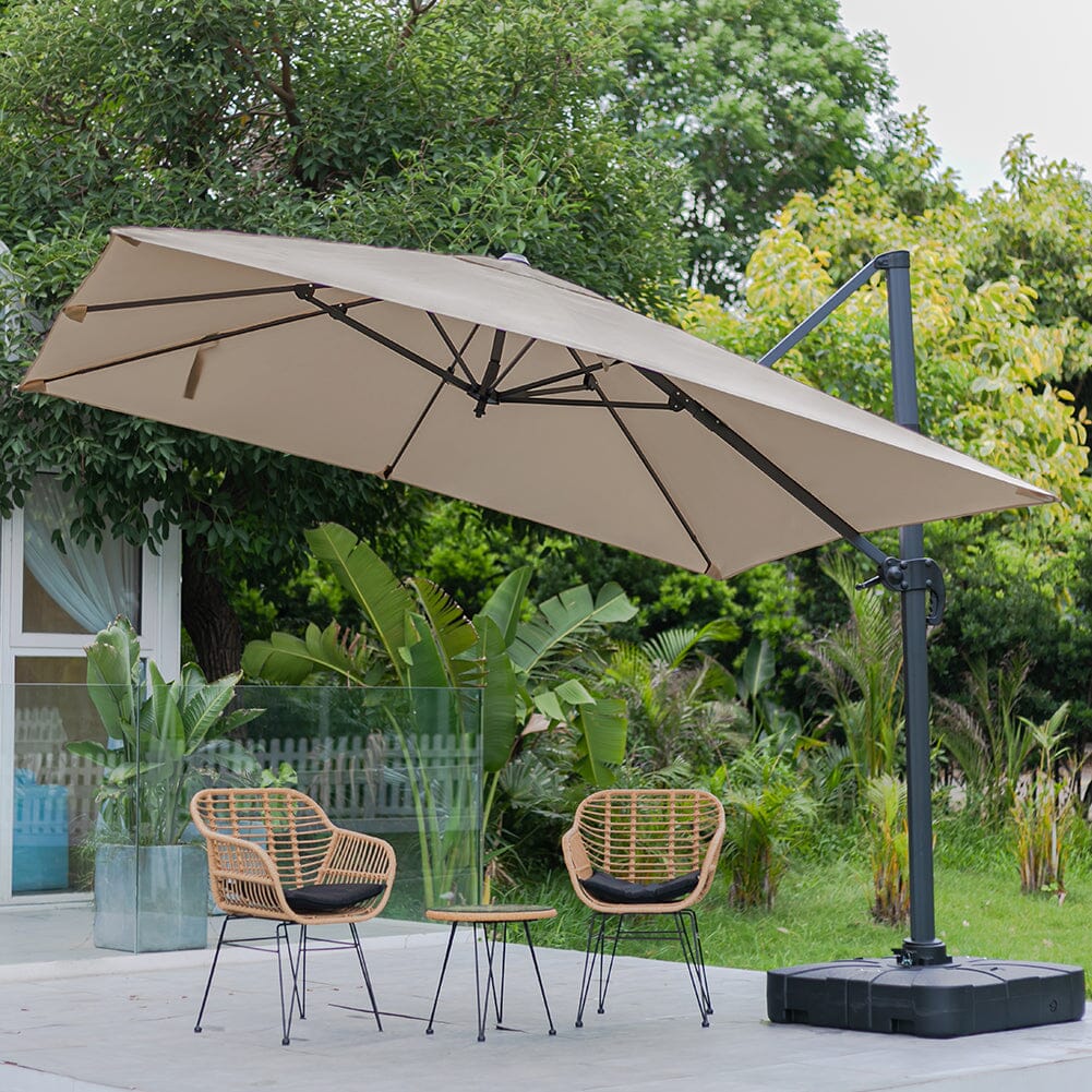 300cm Wide Garden Parasol Outdoor Hanging UV Resistant and Waterproof Umbrella for Patio Parasols Living and Home Parasol + Cross Base + Square Water Tank Khaki 