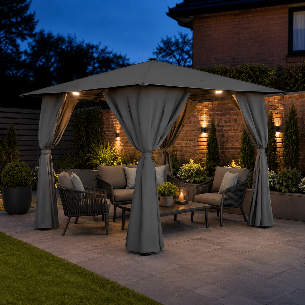 10ft W Garden Sheds Dark Grey Metal Gazebo With Lights