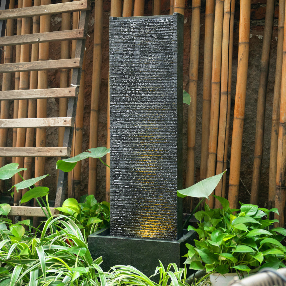 H98cm Rectangle Waterfall Stone Look Water Fountain LED Light Black Fountains & Waterfalls Living and Home 