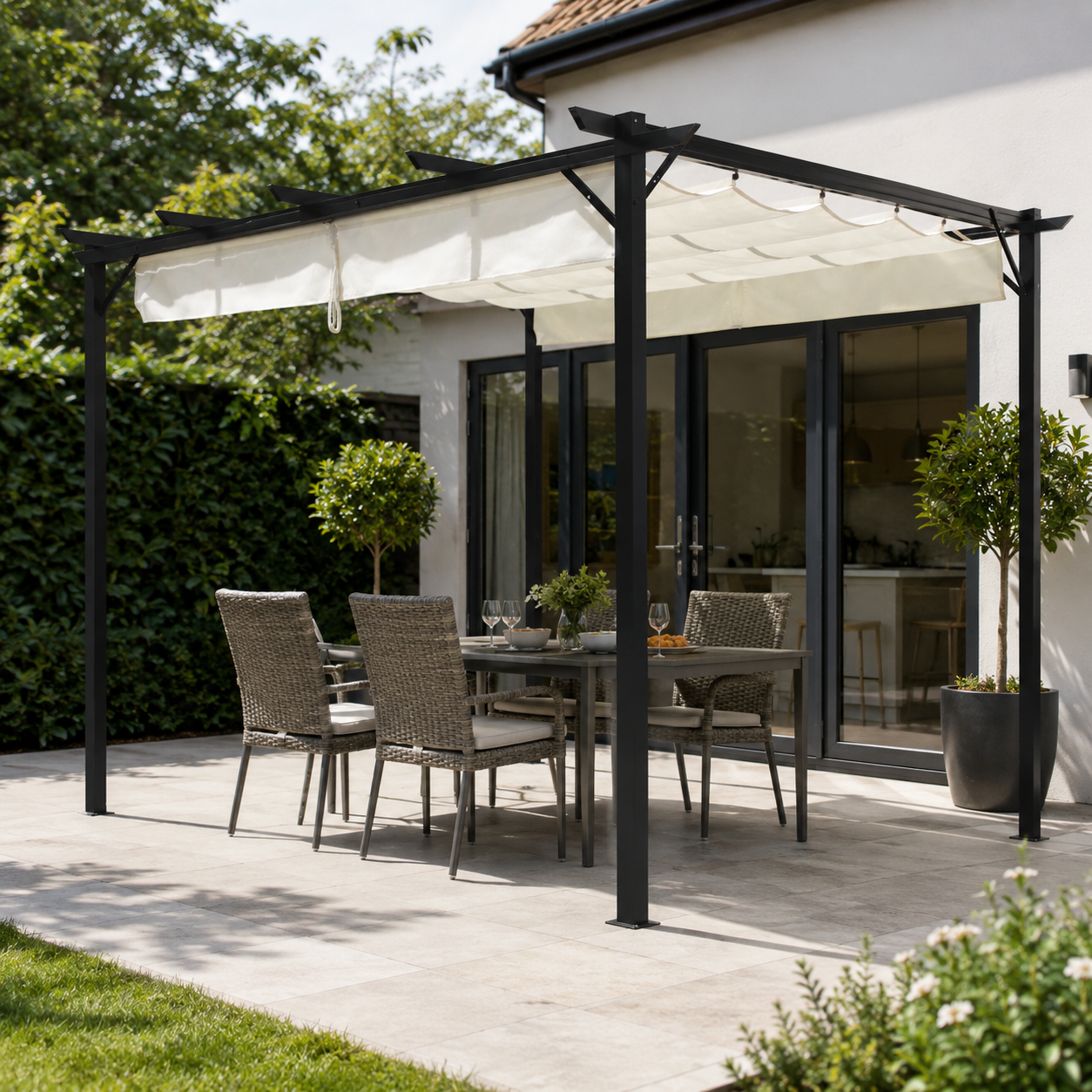 9ft Square Pergola with Outdoor Horizontal Pulling White Canopy