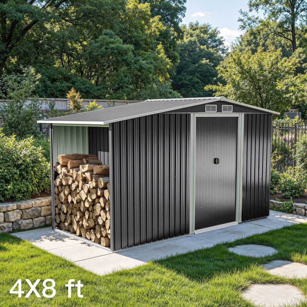 4×8/ 6×8 / 8×8/ 10×8ft Steel Garden Storage Bike Shed with Gable Roof Top Air Circulation Design Garden Sheds Living and Home 4x8 ft 