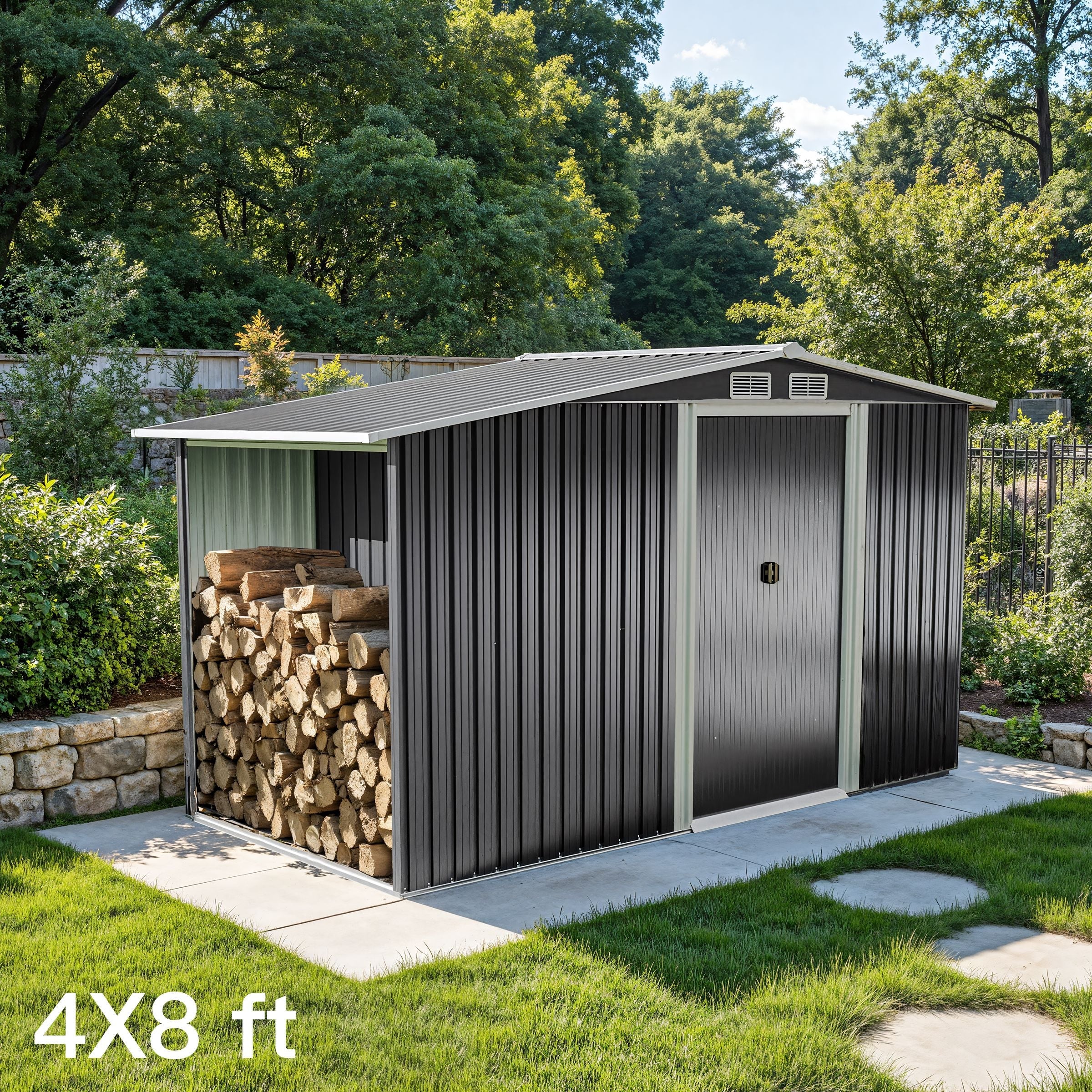 4×8/ 6×8 / 8×8/ 10×8ft Steel Garden Storage Bike Shed with Gable Roof Top Air Circulation Design Garden Sheds Living and Home 4x8 ft 