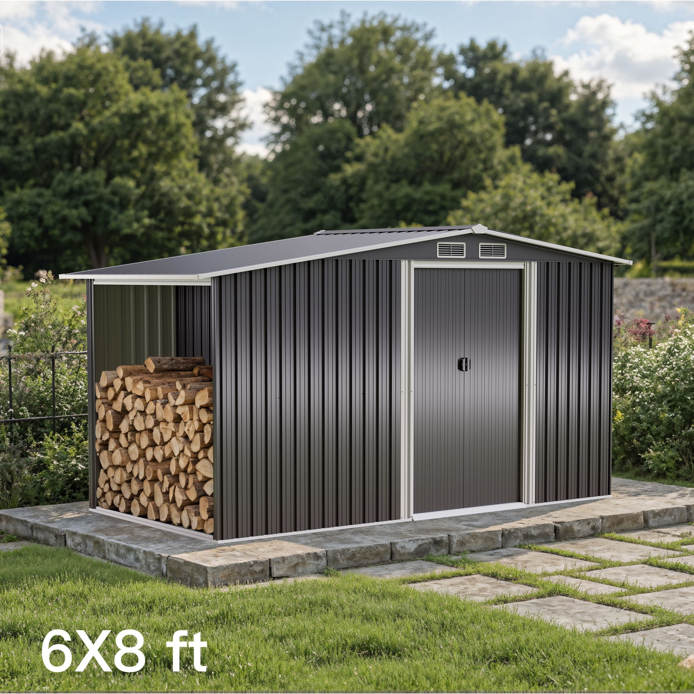 4×8/ 6×8 / 8×8/ 10×8ft Steel Garden Storage Bike Shed with Gable Roof Top Air Circulation Design Garden Sheds Living and Home 6x8 ft 