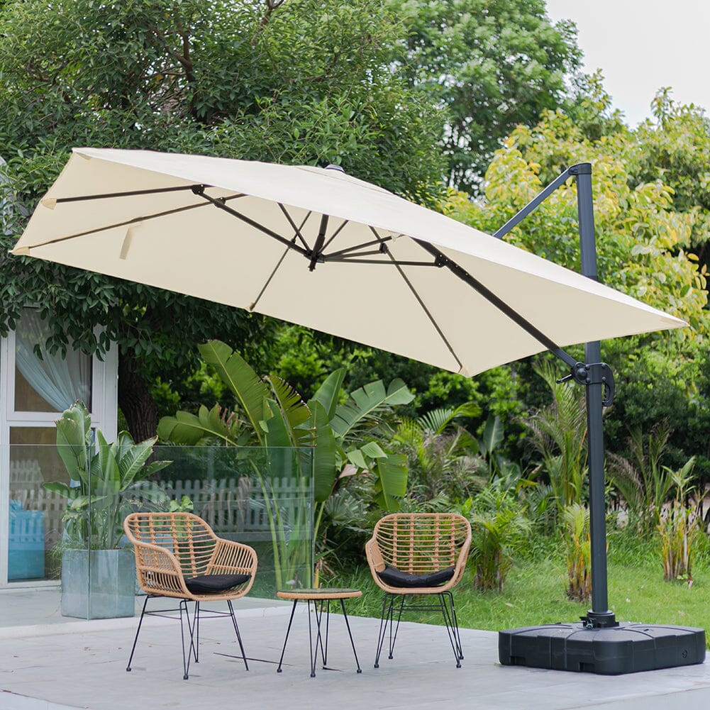 300cm Wide Garden Parasol Outdoor Hanging UV Resistant and Waterproof Umbrella for Patio Parasols Living and Home Parasol + Cross Base + Square Water Tank Beige 