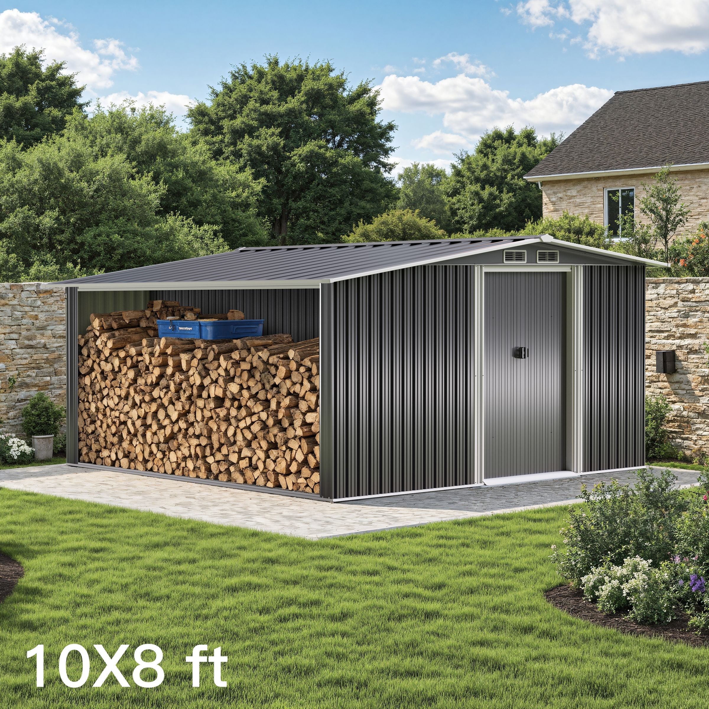 4×8/ 6×8 / 8×8/ 10×8ft Steel Garden Storage Bike Shed with Gable Roof Top Air Circulation Design Garden Sheds Living and Home 10x 8 ft 