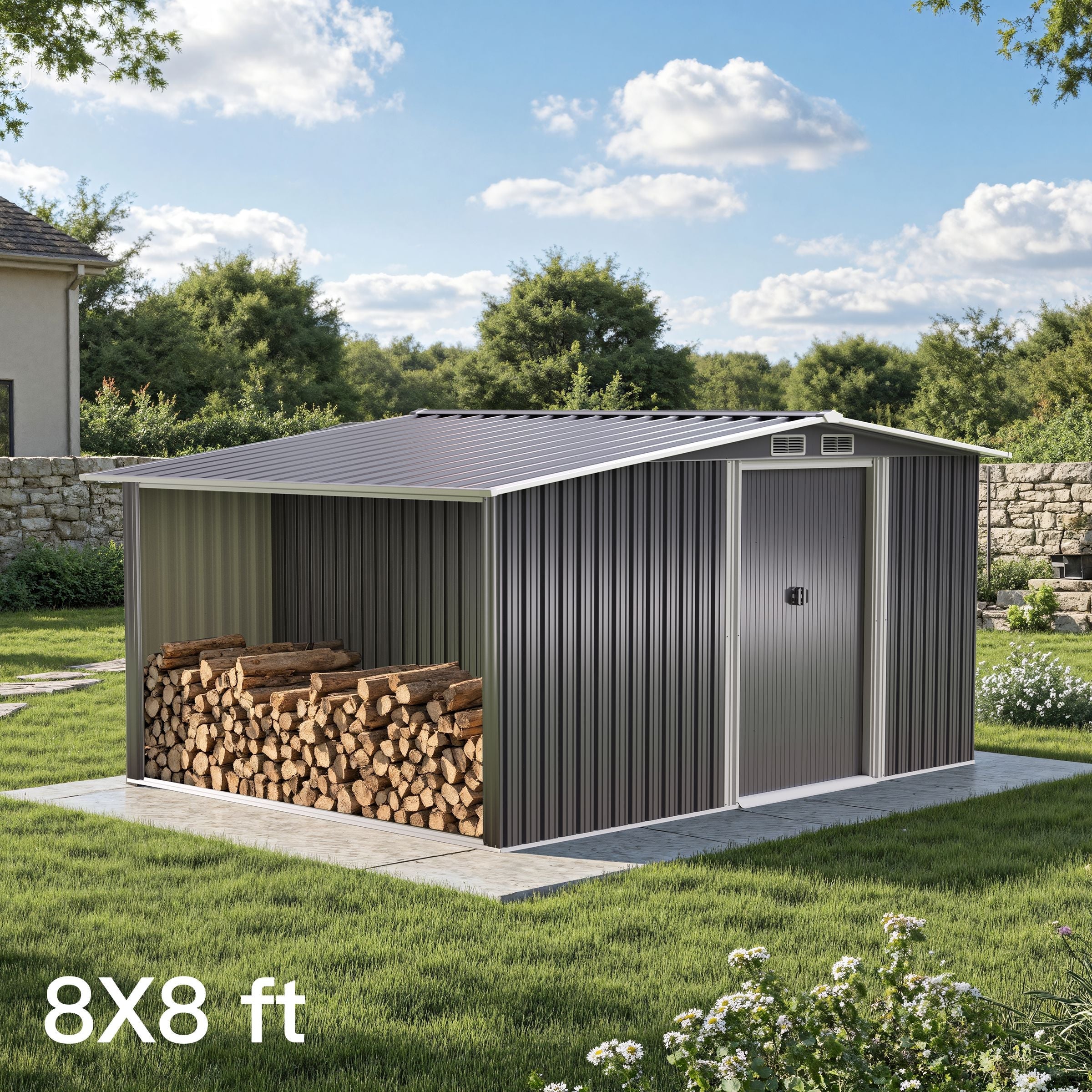4×8/ 6×8 / 8×8/ 10×8ft Steel Garden Storage Bike Shed with Gable Roof Top Air Circulation Design Garden Sheds Living and Home 8x 8 ft 