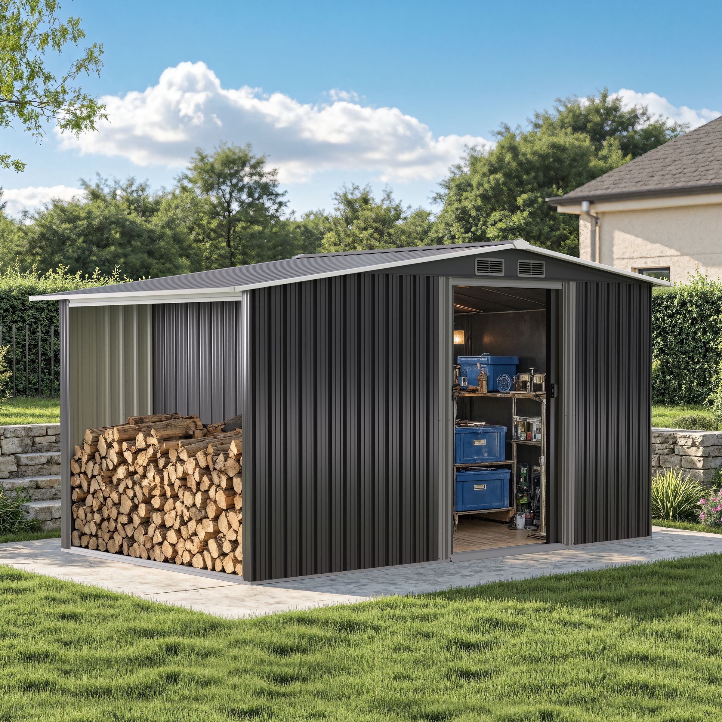 4×8/ 6×8 / 8×8/ 10×8ft Steel Garden Storage Bike Shed with Gable Roof Top Air Circulation Design Garden Sheds Living and Home 