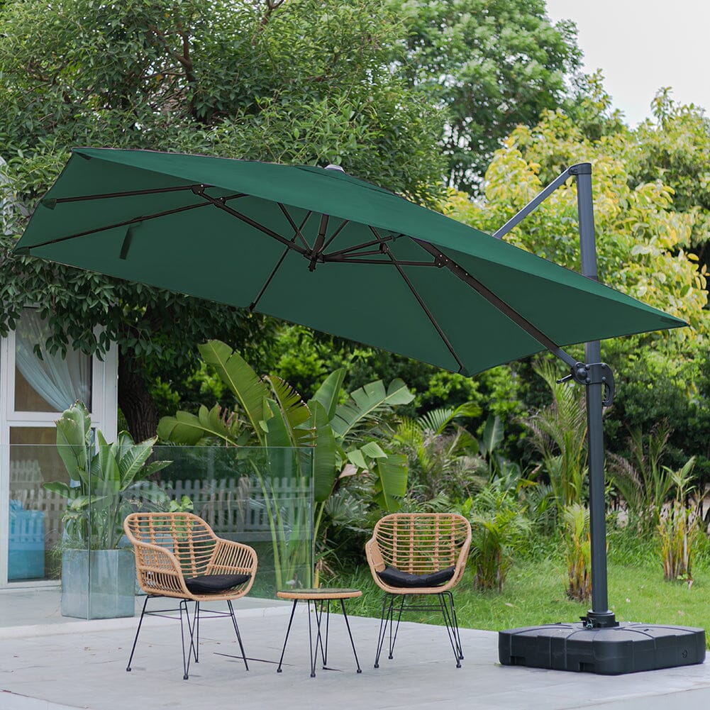 300cm Wide Garden Parasol Outdoor Hanging UV Resistant and Waterproof Umbrella for Patio Parasols Living and Home Parasol + Cross Base + Square Water Tank Green 