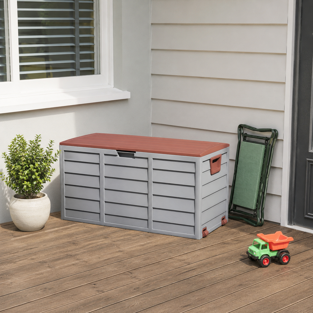 3ft L Grey Garden Storage Chest Box with Brown/Black Cover