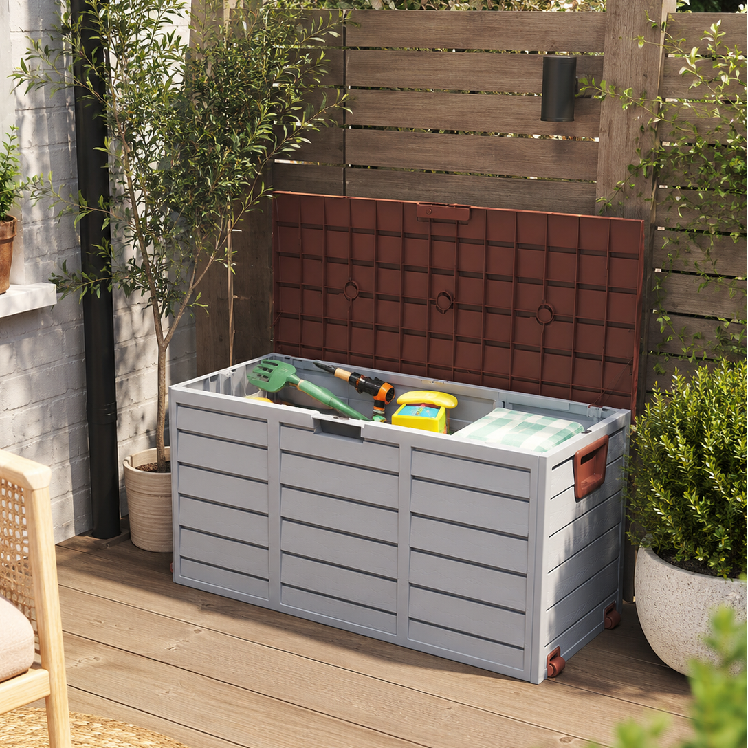3ft L Grey Garden Storage Chest Box with Brown/Black Cover