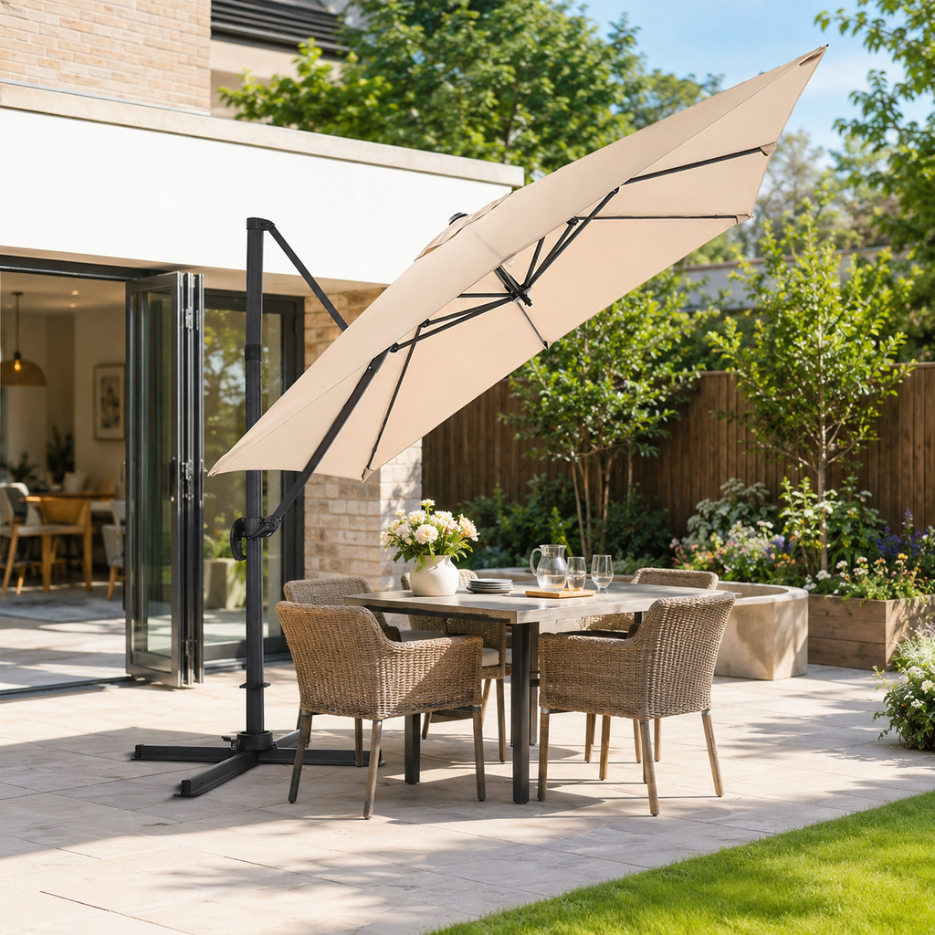 3 x 3M Square Cantilever Parasol Beige Outdoor Hanging Umbrella for Garden and Patio