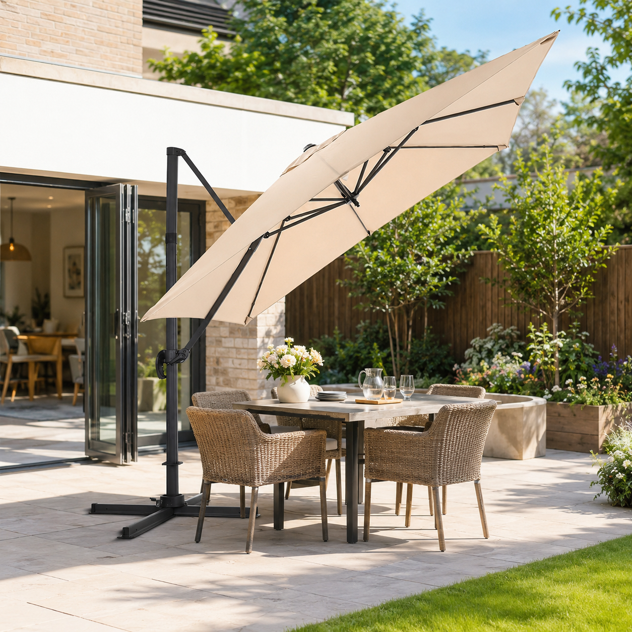 3 x 3M Square Cantilever Parasol Beige Outdoor Hanging Umbrella for Garden and Patio