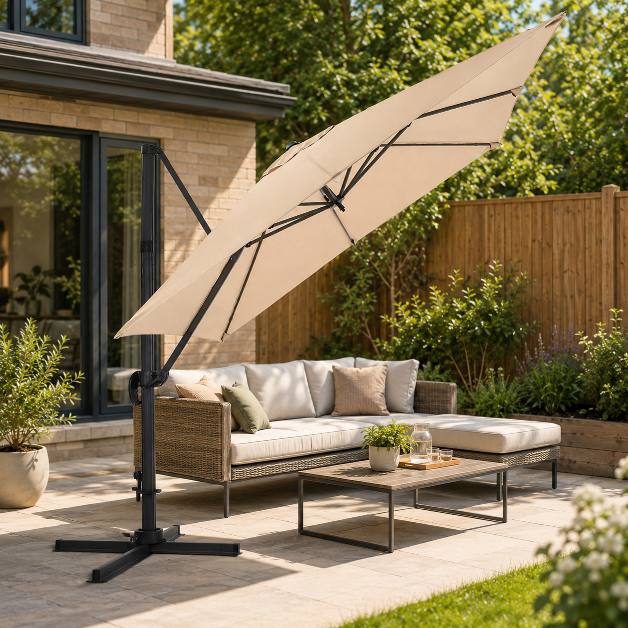 3 x 3M Square Cantilever Parasol Beige Outdoor Hanging Umbrella for Garden and Patio