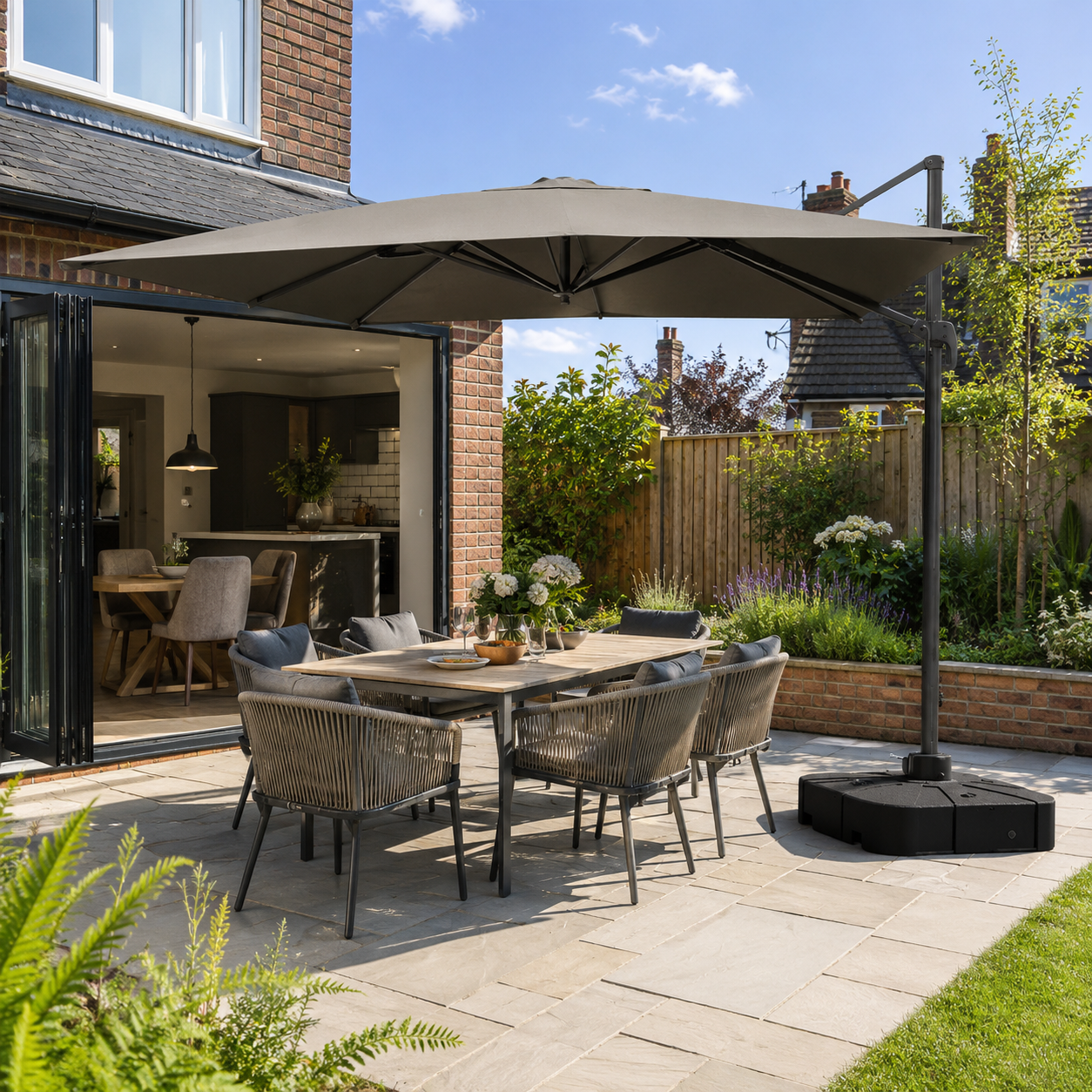 3 x 3 M Square Cantilever Parasol Outdoor Hanging Umbrella for Garden and Patio with Square Plastic Base