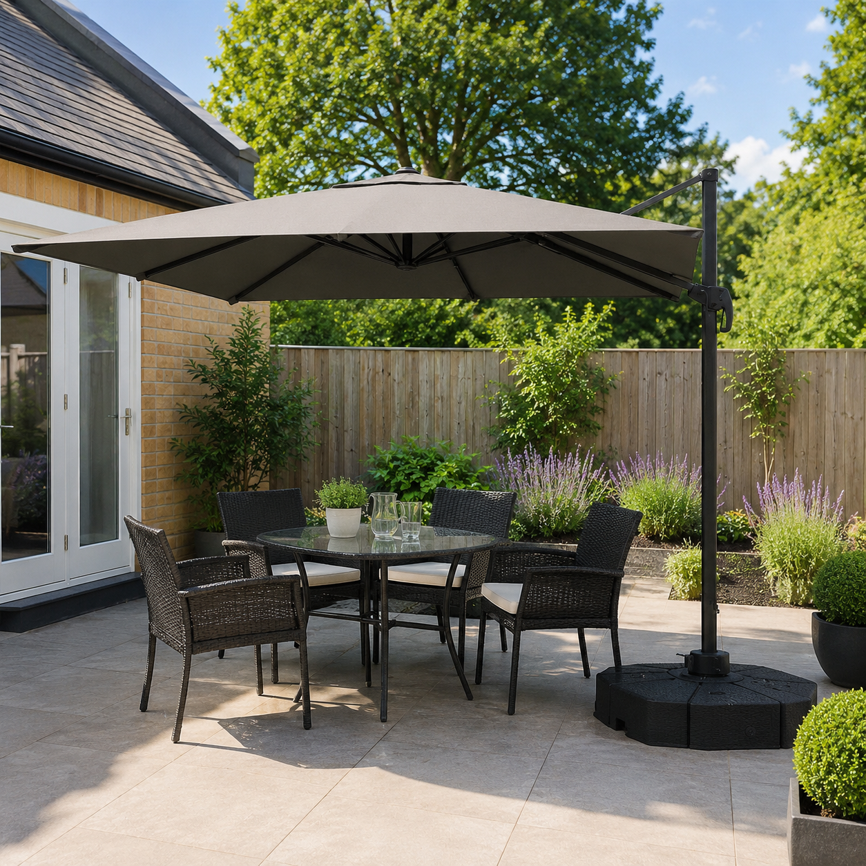 3 x 3 M Square Cantilever Parasol Outdoor Hanging Umbrella for Garden and Patio with Square Plastic Base