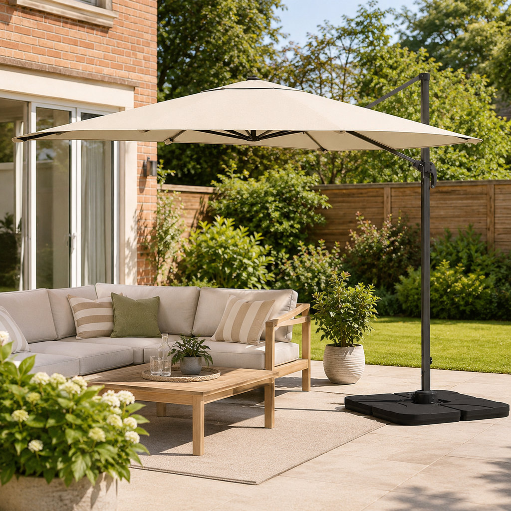 3 x 3M Square Cantilever Parasol Beige Outdoor Hanging Umbrella for Garden and Patio