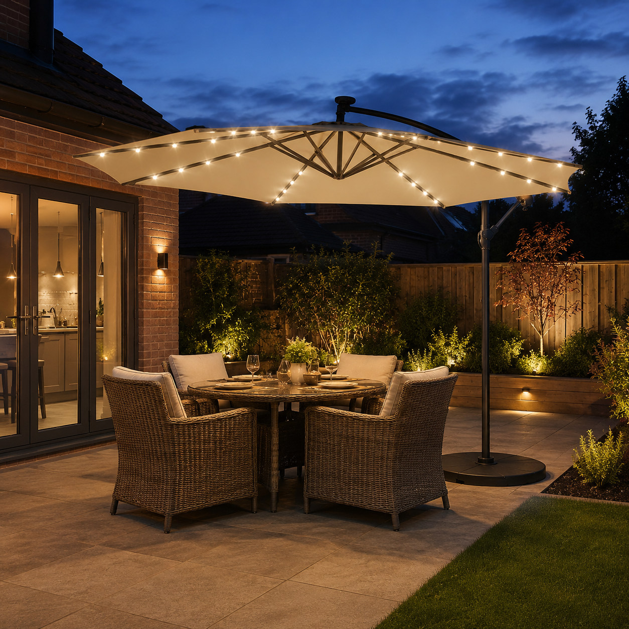 3M Cantilever Garden Parasols Beige/Light Grey/Dark Grey Iron Banana Umbrella with LED Lights