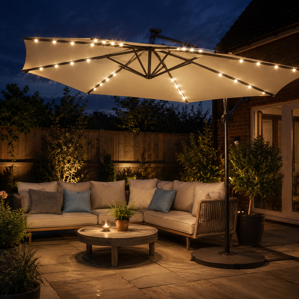 3M Cantilever Garden Parasols Beige/Light Grey/Dark Grey Iron Banana Umbrella with LED Lights