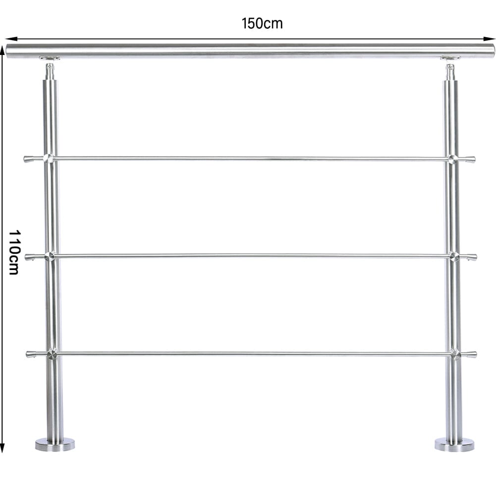 150cm Wide Silver Floor Mount Stainless Steel Handrail for Slopes and Stairs Garden Fences & Wall Hedges Living and Home With 3 Cross Bars 