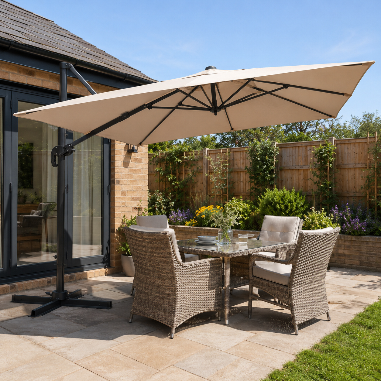 3 x 3 M Khaki Square Cantilever Parasol Outdoor Hanging Umbrella for Garden and Patio