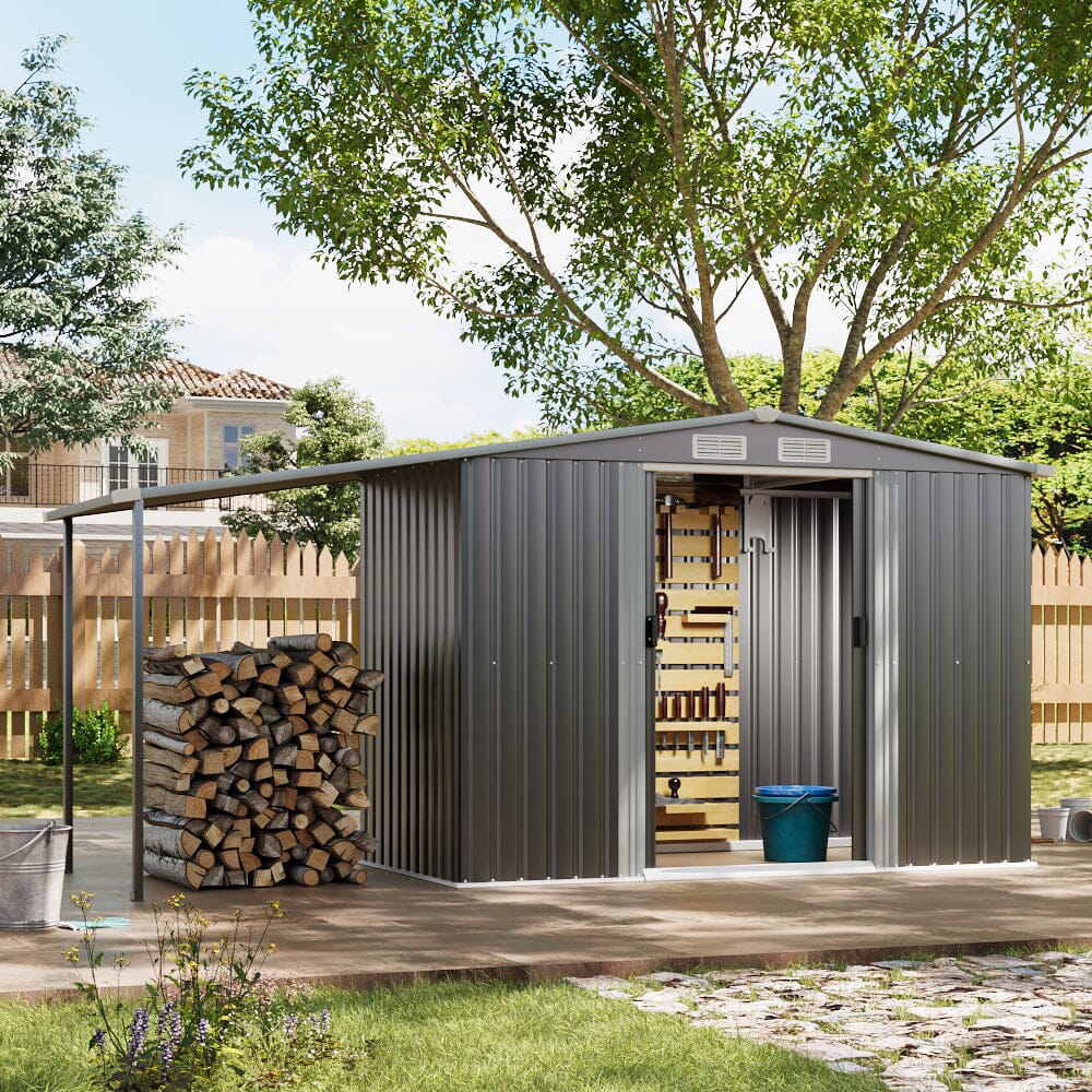 4×8 ft/ 6×8 ft Metal GardenStorage Shed with Log Storage Garden Sheds Living and Home 