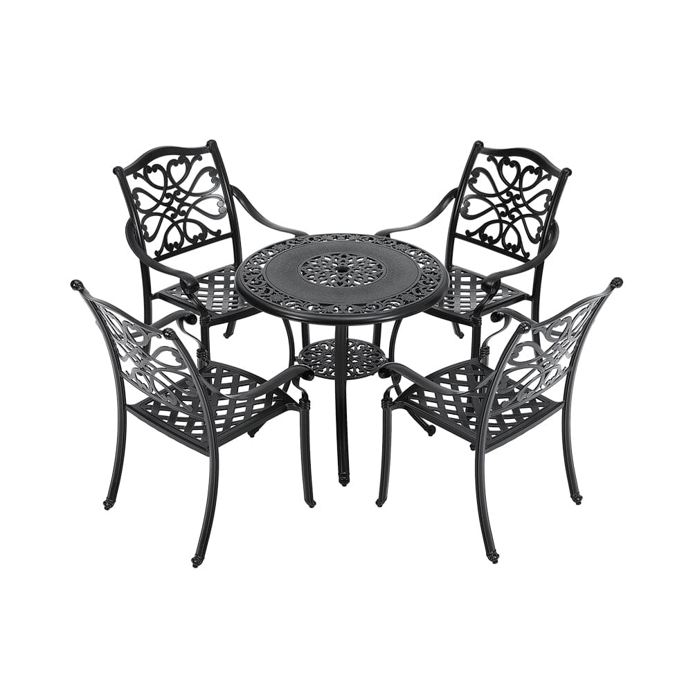 Black Cast Aluminum Round Patio Dining Table with Umbrella Hole Garden Dining Tables Living and Home 