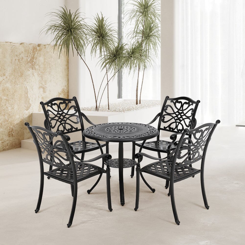 Black Cast Aluminum Round Patio Dining Table with Umbrella Hole Garden Dining Tables Living and Home 