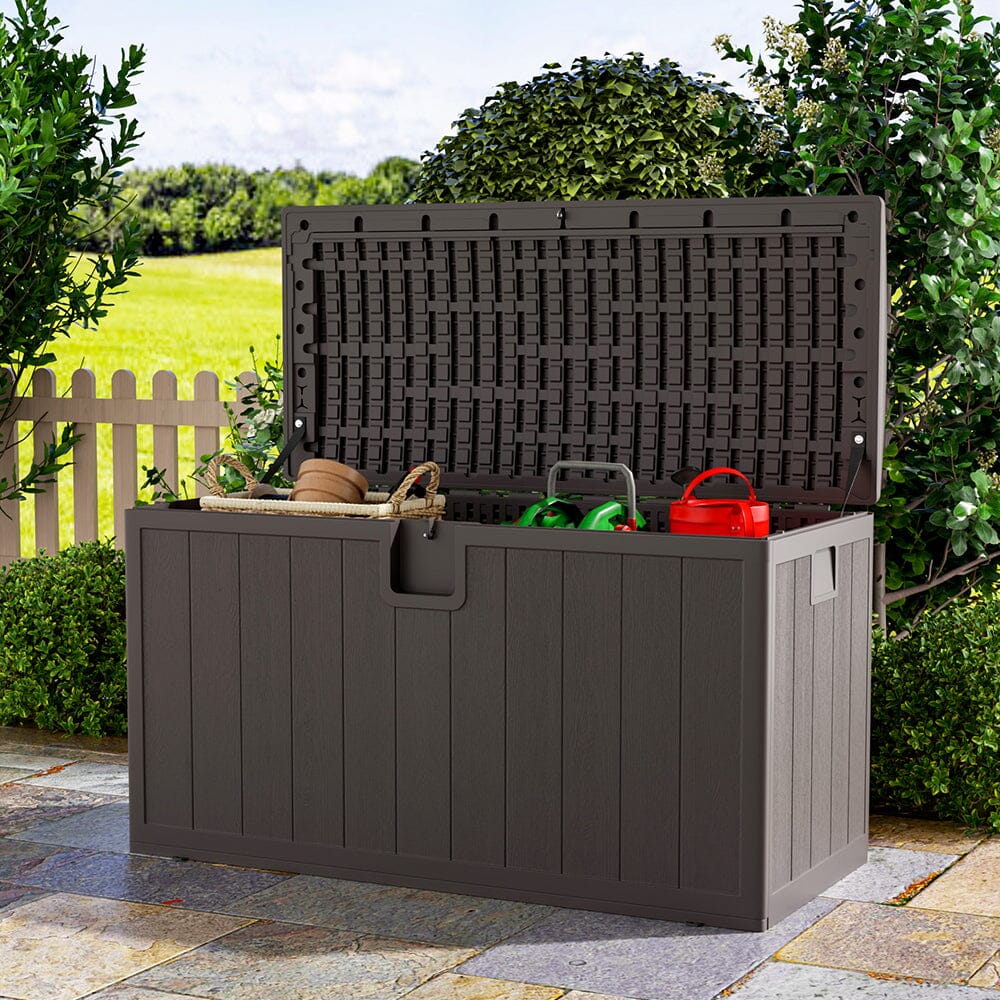 127cm W Rattan Garden Storage Outdoor Deck Box Garden Storage Boxes Living and Home Brown 127cm W x 61cm D x 63.5cm H 