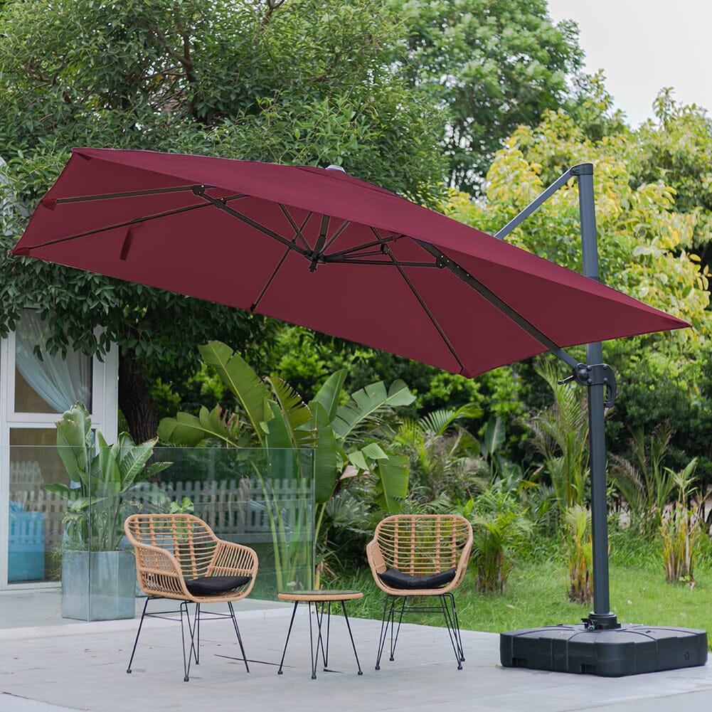 300cm Wide Garden Parasol Outdoor Hanging UV Resistant and Waterproof Umbrella for Patio Parasols Living and Home Parasol + Cross Base + Square Water Tank Claret 