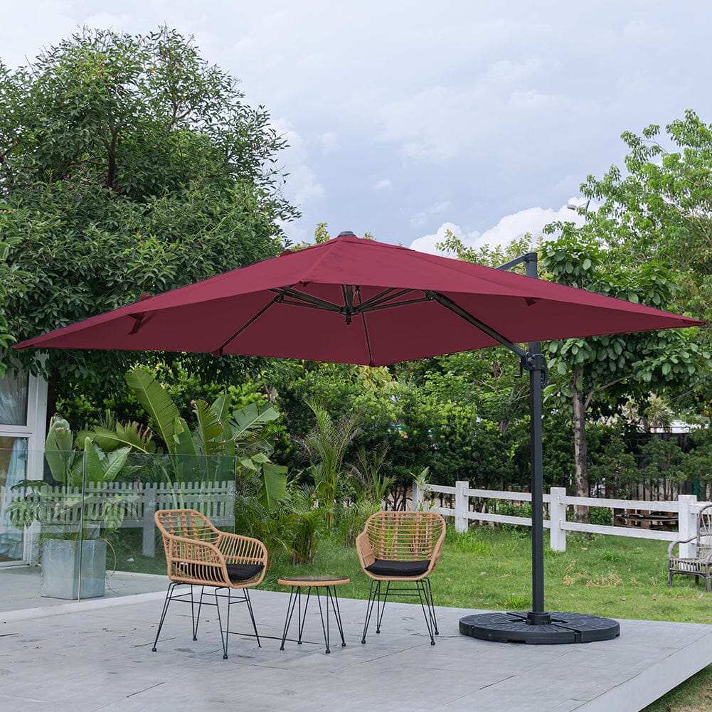 300cm Wide Garden Parasol Outdoor Hanging UV Resistant and Waterproof Umbrella for Patio Parasols Living and Home Parasol + Cross Base + Round Water Tank Claret 