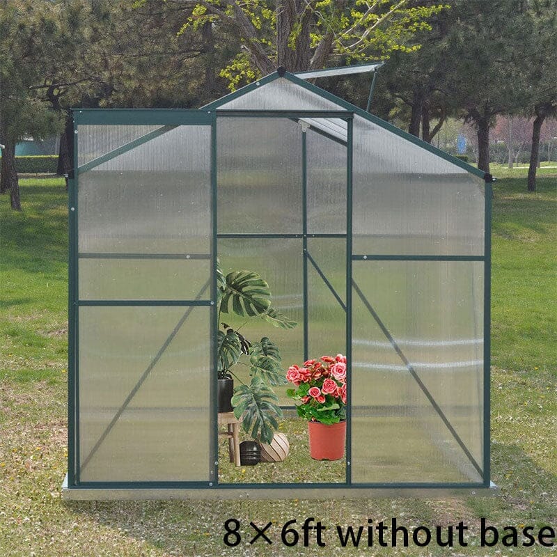 4×6 ft/ 6×6 ft/ 8×6 ft/ 10×6/10' x 6' ft Garden Greenhouse Green Framed with 2 Vents Rain Gutter Setting Greenhouses Living and Home Without Base 8' × 6' ft 