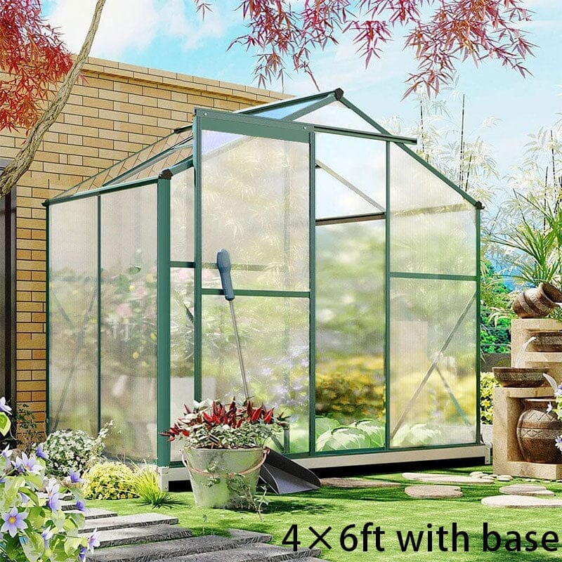 4×6 ft/ 6×6 ft/ 8×6 ft/ 10×6/10' x 6' ft Garden Greenhouse Green Framed with 2 Vents Rain Gutter Setting Greenhouses Living and Home With Base 4' × 6' ft 